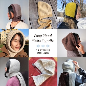 May include: A collection of knitted hoods in various colors including beige, yellow, brown, and grey. The central text reads Easy Hood Knits Bundle, 3 PATTERNS INCLUDED. The hoods feature ribbed textures, tie closures, and scarf-like extensions.