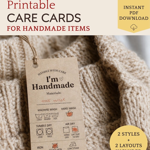 Printable CARE CARDS for Handmade Items | Knitting Care Tags, Crochet Care Instructions, Garment Washing Label, Eco Tags  (PDF Download)