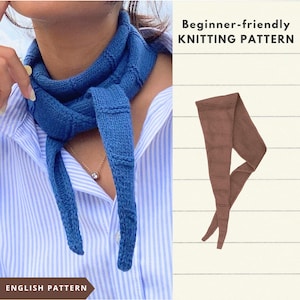 May include: A blue knitted scarf with a textured ribbed pattern worn around the neck, alongside a separate brown version of the same scarf. The image includes the text "Beginner-friendly KNITTING PATTERN" and "ENGLISH PATTERN" in dark brown.