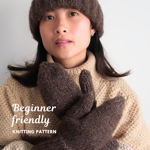 May include: A dark brown knitted beanie and matching dark brown knitted mittens. The text on the image reads Beginner friendly KNITTING PATTERN. The items are made of a thick, textured yarn with a ribbed cuff design on both the beanie and the mittens.