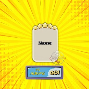 May include: A rectangular game card featuring five gold stars at the top and the word Mascot printed in the centre. Below the card is a blue button with the text TS ALBUMS and GO! set against a bright yellow background with radial lines.