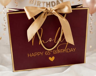 Personalized Birthday Gift Bag with Gold Ribbon, Custom Name Gift Bag, Burgundy Luxury Party Favor Bags, 21st 30th 50th 65th Birthday Gift