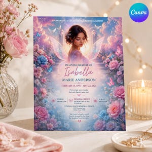 Könnte beinhalten: Eine rechteckige Gedenkkarte mit einer zentralen Illustration einer Person mit schillernden Flügeln, umgeben von rosa und blauen Rosen, Schmetterlingen und Wolken. Der Text enthält In Loving Memory of Isabella Marie Anderson.