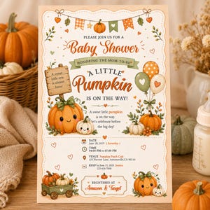 Könnte beinhalten: Eine rechteckige Babyparty-Einladungskarte mit orangefarbenen Kürbissen, grünen Blättern und Wimpelketten. Der Text lautet: Please join us for a Baby Shower, A Little Pumpkin is on the way, Datum 28. Juni 2025, Zeit 16:00 bis 19:00 Uhr, Ort Pumpkin Patch Cafe.