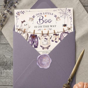 Watercolor ghost baby shower stationery with autumn leaves and decorative pumpkins