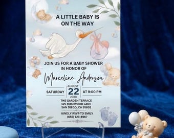 Baby Shower Invitation, Blue Stork Theme, Editable Canva Template, Boy Baby Celebration, Printable Download