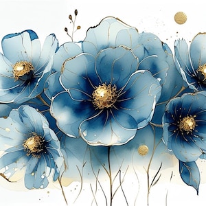 Könnte beinhalten: Eine Aquarellillustration eines Blumenarrangements mit durchscheinenden blauen Blütenblättern, zarten goldfarbenen Rändern und strukturierten goldenen Mitten. Die Komposition umfasst mehrere geschichtete Blüten und Blätter, akzentuiert durch verstreute goldene Punkte auf weißem Grund.