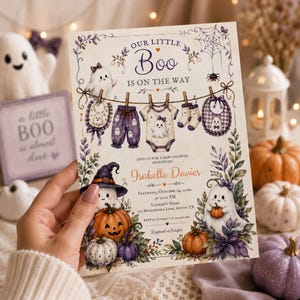 Little Boo baby shower card with pastel purple orange and cream artwork