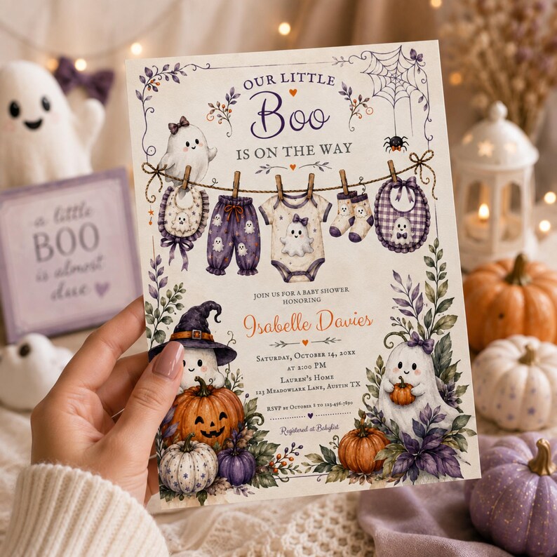Little Boo baby shower card with pastel purple orange and cream artwork