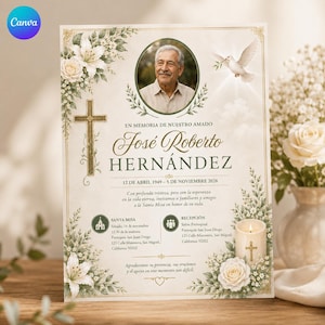 Könnte beinhalten: Eine Traueranzeigenkarte mit dem Porträt eines älteren Mannes, einer weißen Taube, einem goldenen Kreuz und weißen Blumenarrangements. Der Text lautet: EN MEMORIA DE NUESTRO AMADO José Roberto HERNÁNDEZ, 12 DE ABRIL 1949 – 5 DE NOVIEMBRE 2026.