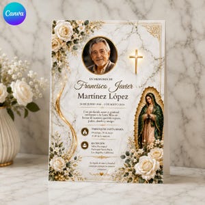 Könnte beinhalten: Eine Gedenkkarte mit Marmorhintergrund, goldenen Akzenten, weißen Rosen, einem kreisförmigen Porträt eines Mannes, einem goldenen Kreuz und einer Abbildung der Jungfrau von Guadalupe. Der Text lautet: EN MEMORIA DE Francisco Javier Martínez López.