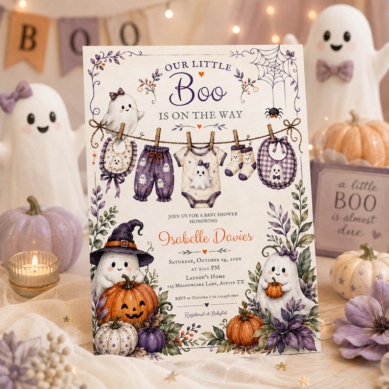 Halloween baby shower invitation with cute watercolor ghost and pumpkin decorations