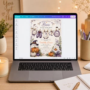 Spooky cute baby shower invitation featuring smiling ghost characters and pumpkins