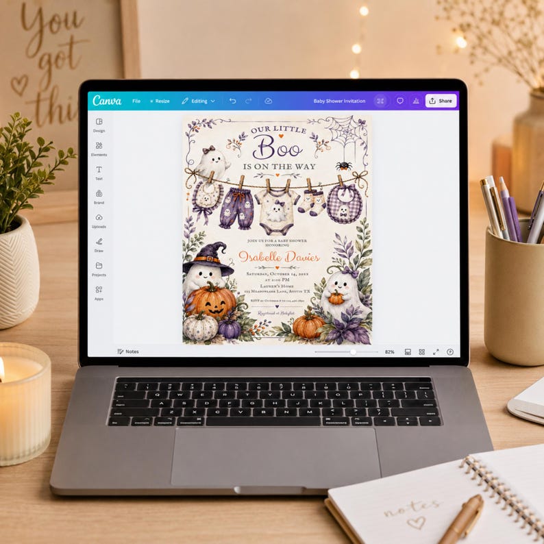 Spooky cute baby shower invitation featuring smiling ghost characters and pumpkins