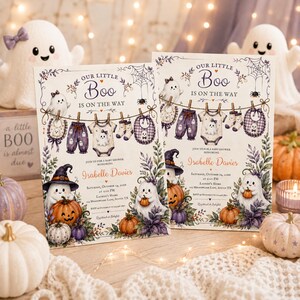 Cute fall baby shower printable featuring whimsical ghosts and Halloween accents