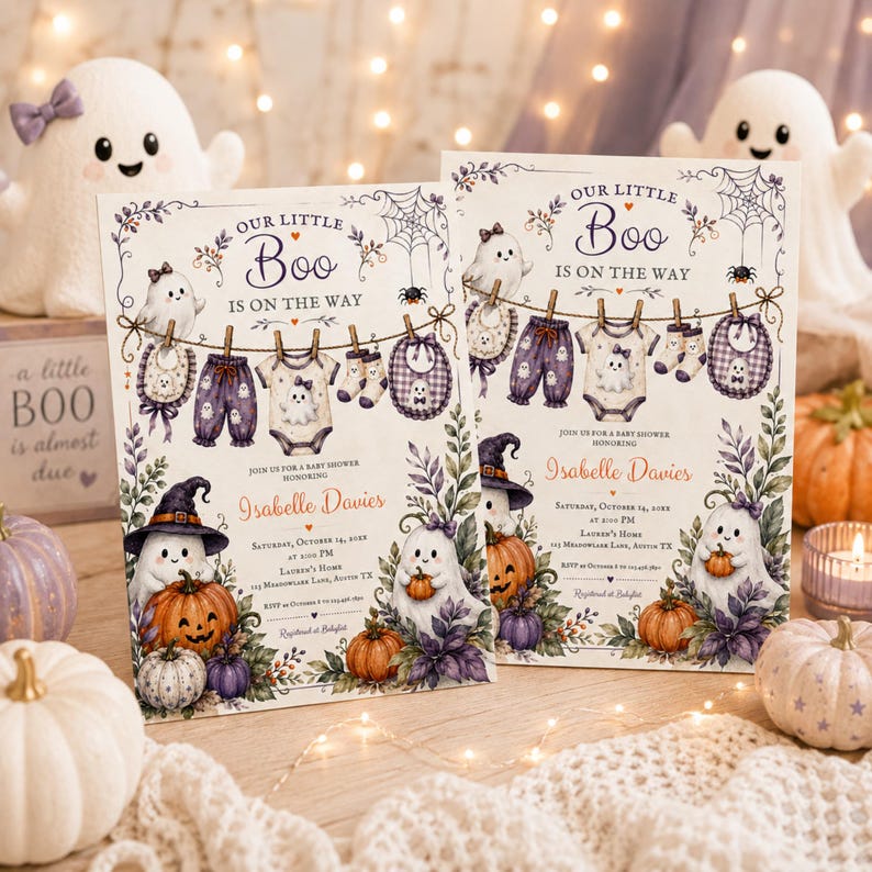 Cute fall baby shower printable featuring whimsical ghosts and Halloween accents