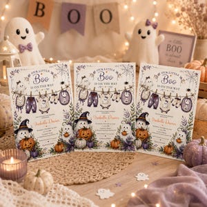 Elegant little boo invitation with lavender pumpkins spiderweb and leafy border