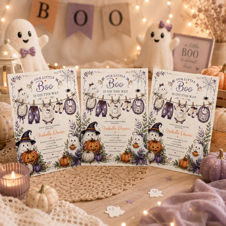 Elegant little boo invitation with lavender pumpkins spiderweb and leafy border