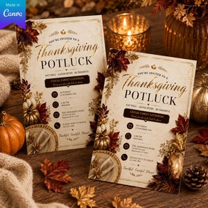 Könnte beinhalten: Zwei identische Einladungskarten für ein Thanksgiving-Potluck mit goldfarbenem Text und herbstlichen Blattillustrationen. Die Karten zeigen den Text "You're invited to a Thanksgiving Potluck" sowie die Details zur Veranstaltung.