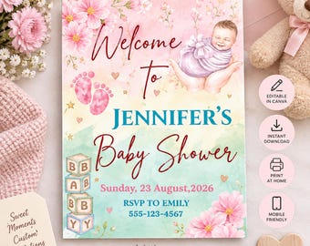 Baby Shower Invitation, Pink Floral Watercolor, Editable Canva Template, Newborn Celebration, Printable Digital Download