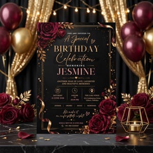 Könnte beinhalten: Eine schwarze Geburtstagseinladungskarte mit goldenem Text und Illustrationen dunkelroter Rosen. Der Text lautet: A Special BIRTHDAY Celebration HONORING JESMINE, Saturday 21 June 2026, 6:00 PM to 10:00 PM, The Luxe Venue, 123 Celebration Drive, Lahore, Pakistan.