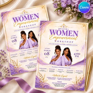 Könnte beinhalten: Zwei identische rechteckige Flyer für einen Women Empowerment Workshop am 8. März 2025 mit violetten und goldenen Aquarellakzenten, Blattgoldillustrationen und einem Foto von zwei Personen in lavendelfarbenen Blazern, dazu ein goldener Stift.