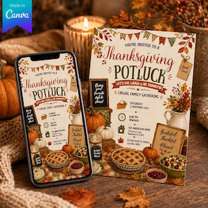 May include: A Thanksgiving potluck invitation card and a smartphone displaying the same design. The invitation features autumn leaves, pumpkins, a pie, and text reading You're Invited to a Thanksgiving Potluck, Casual Family Gathering, Saturday 22 November 2026.
