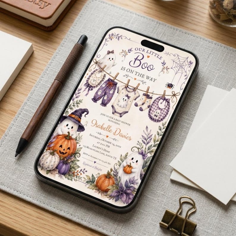Vintage Halloween maternity celebration invitation with elegant botanical details