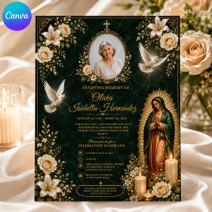 May include: A funeral program card featuring a dark green marble background with gold accents, a portrait of a woman in an oval frame, white lilies, roses, two flying doves, and an illustration of the Virgin Mary with candles and text.