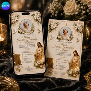 Könnte beinhalten: Eine Trauerprogramm-Vorlage auf einem Smartphone-Bildschirm und einer gedruckten Karte, mit einem Porträt von Maria Isabella Hernandez, einer Jesus-Illustration, weißen Lilien, Tauben und goldenen Kreuzakzenten auf cremefarbenem Grund.