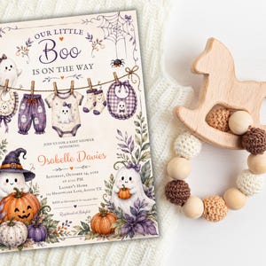 Halloween themed pregnancy celebration card with charming watercolor illustrations