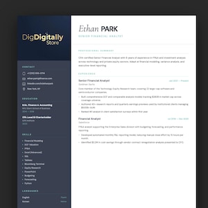 May include: A resume template with a dark blue and white design. The top section displays the name "Ethan PARK" and the title "SENIOR FINANCIAL ANALYST." The resume includes sections for professional summary, experience, education, skills, and languages.