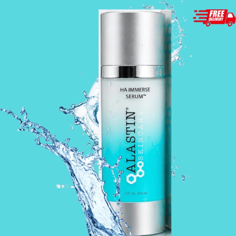May include: A skincare product bottle with a silver cap and a white and teal label. The label reads "HA IMMERSE SERUM" and "ALASTIN SKINCARE". The background is a light blue with water splashes.