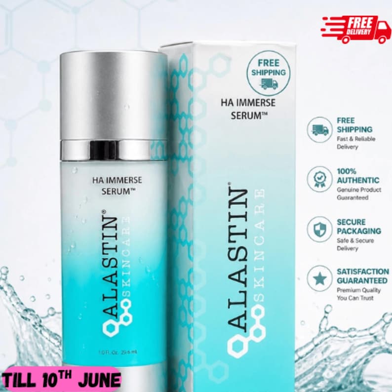 May include: A skincare product bottle and box with the text "HA Immerse Serum" and "ALASTIN SKINCARE." The bottle is silver and white, with a blue gradient. The box is white and blue with hexagonal patterns. The text "TILL 10TH JUNE" is at the bottom.