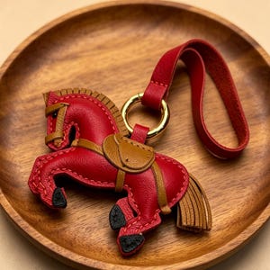 May include: A red leather horse keychain with a gold ring and red strap. The horse has a brown saddle and mane, with black hooves. The keychain is on a wooden plate.