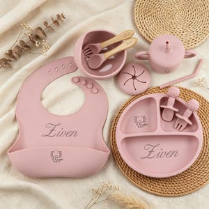 May include: A dusty pink silicone feeding set including a bib with the name Ziven and an axolotl graphic, a three-section divided plate with the name Ziven and an axolotl graphic, a bowl, a lidded snack cup with a straw, and wooden utensils.