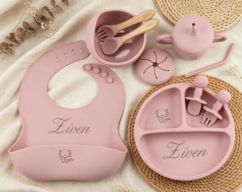 Ensemble de repas personnalisé avec nom, service de vaisselle personnalisé en silicone, cadeau pour tout-petit, cadeau de baby shower et d'anniversaire