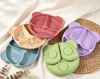 Piatto per la pappa personalizzato in silicone a forma di orsetto, stoviglie per bambini con nome personalizzato, piatto per lo svezzamento senza BPA