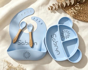 Custom Engraved Baby Feeding Silicone Set, Personalized Toddler Dinnerware Kit,Christmas gifts