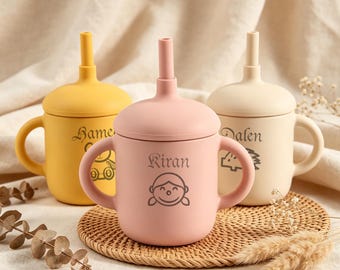 Personalized Silicone Sippy Cup with Handle, Engraved Baby Training Cup with Name, Spill-Proof Toddler Learning Cup