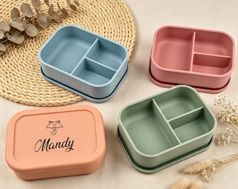 Fiambrera infantil resistente al calor, personalizable con nombre, 3 en 1 de silicona para almacenar alimentos con compartimentos individuales.