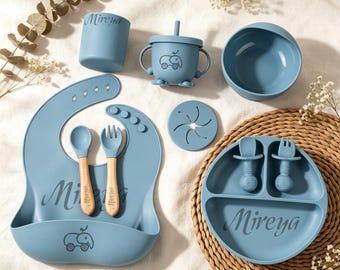 Personalized Silicone Baby Feeding Set, Engraved Plate, Bib, Spoon & Sippy Cup