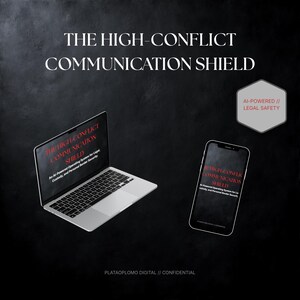 May include: A silver laptop and a smartphone display the text THE HIGH-CONFLICT COMMUNICATION SHIELD, An AI-Powered Operating System for Legal, Custody, and Personal Border Security. A hexagon badge reads AI-POWERED // LEGAL SAFETY. PLATAOPLOMO DIGITAL // CONFIDENTIAL.