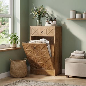 Tilt-Out Laundry Hamper, 13 Gallon Space-Saving Farmhouse Cabinet with Drawer