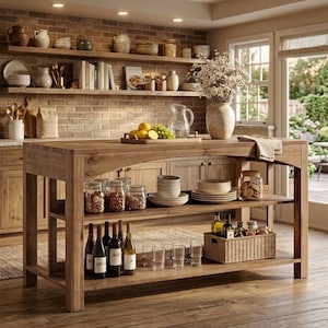 May include: A rustic kitchen island made of light brown wood with two shelves. The shelves hold jars of food, plates, wine bottles, and a woven basket. A brick wall and wooden shelves with dishes and decor are in the background.