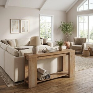 Op de afbeelding: Een rechthoekige lichtbruine houten sidetable met een onderste plank waarop drie opgerolde grijze en witte handdoeken liggen. De tafel heeft een gladde afwerking en dikke poten en staat achter een grote beige hoekbank.
