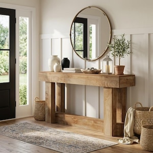 May include: A rectangular wooden console table with thick legs and a horizontal support beam. On top are two white vases, a black vase, stacked books, a wooden bowl with stones, a metal lantern with a candle, and a small potted olive tree.