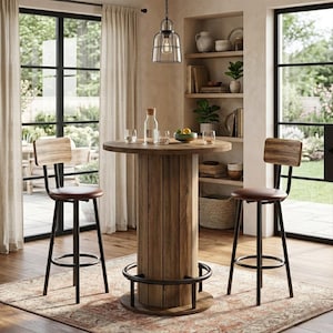 May include: A rustic, round wooden table with a cylindrical base, paired with two bar stools. The stools have brown leather seats and black metal frames. A glass pendant light hangs above the table, and the scene is set in a well-lit room.