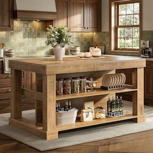 May include: A large, light brown wooden kitchen island with open shelving. The island features a countertop, shelves with jars, plates, and bottles. A vase of flowers sits on the countertop. The kitchen has wooden cabinets and a window.