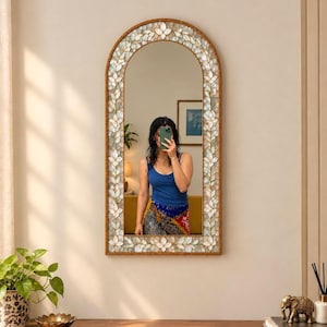 Handmade Mother of Pearl Full Length Mirror | Luxury MOP Arched Mirror | Wooden Frame | crystal Wall Mirror | Boho Home Decor | Floral